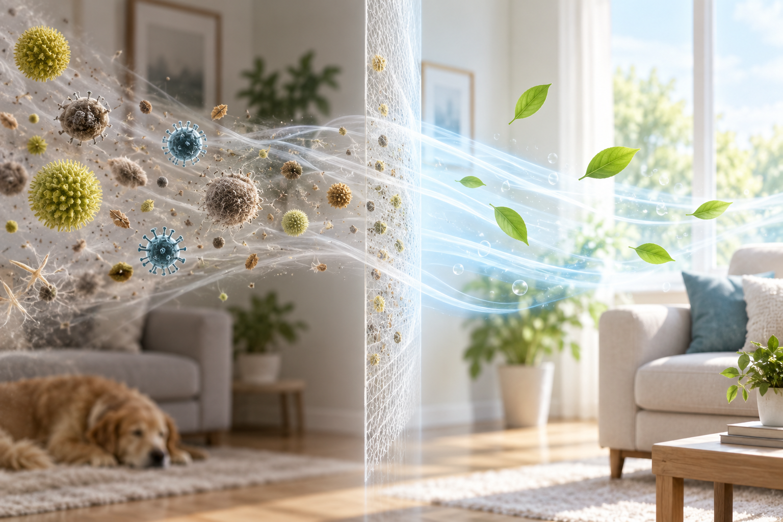Airflow carrying pollen, dust, and airborne particles through filtration into cleaner indoor air