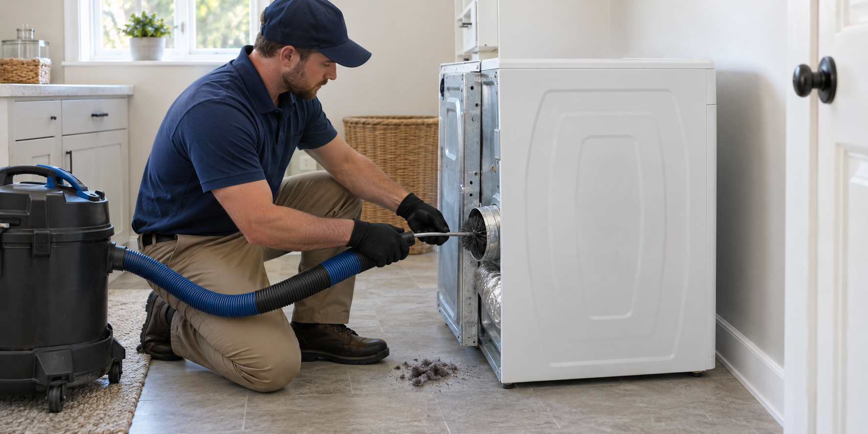 Technician cleaning a residential dryer vent with a rotary brush and vacuum