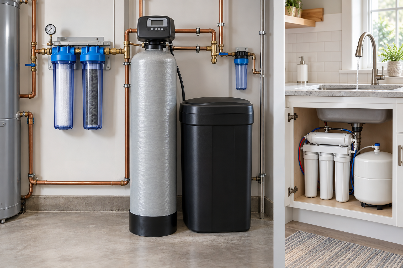 Whole-home water filters, water softener, and reverse-osmosis drinking-water system
